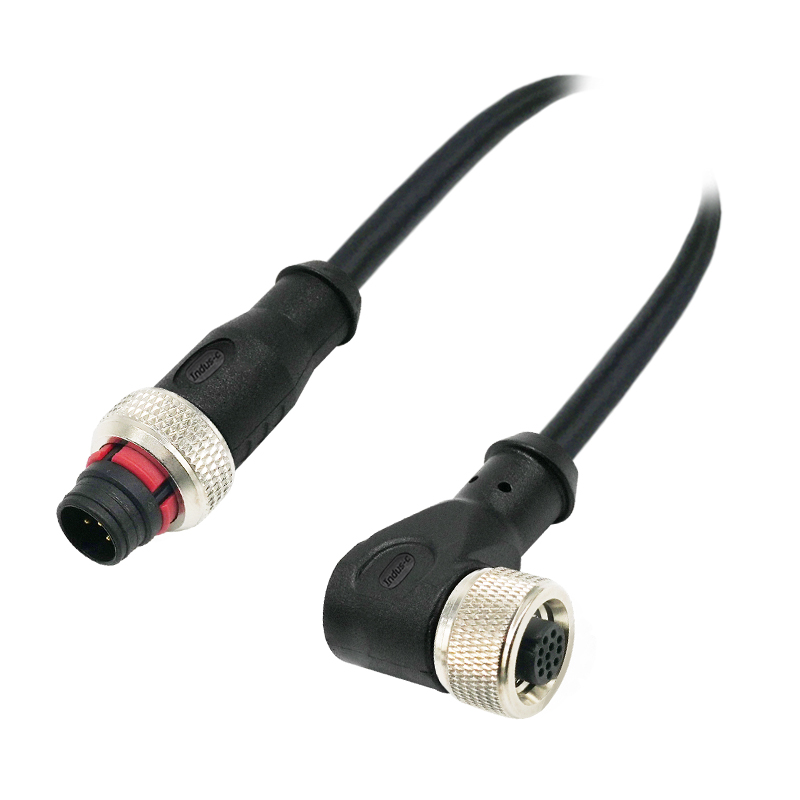 Push-pull m12 8pins A code male straight to female right angle molded cable,unshielded,PVC,-40°C~+105°C,22AWG 0.34mm²,brass with nickel plated screw